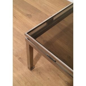 Square vintage coffee table in brushed metal and glass by Guy Lefèvre, 1970