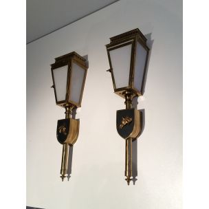 Pair of vintage brass and glass horse wall lamp, 1950