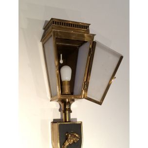 Pair of vintage brass and glass horse wall lamp, 1950