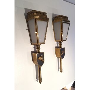 Pair of vintage brass and glass horse wall lamp, 1950