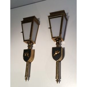 Pair of vintage brass and glass horse wall lamp, 1950