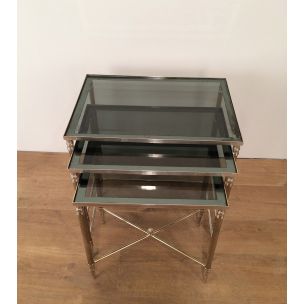 Suite de 3 tables gigognes vintage en nickel 1960s