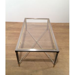 Vintage coffee table in brushed steel and glass, 1970