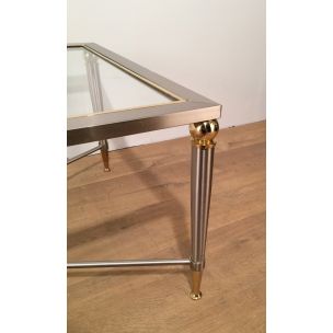 Vintage coffee table in brushed steel and glass, 1970