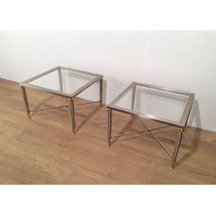 Pair of vintage brushed steel and brass sofa ends, 1970