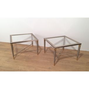 Pair of vintage brushed steel and brass sofa ends, 1970