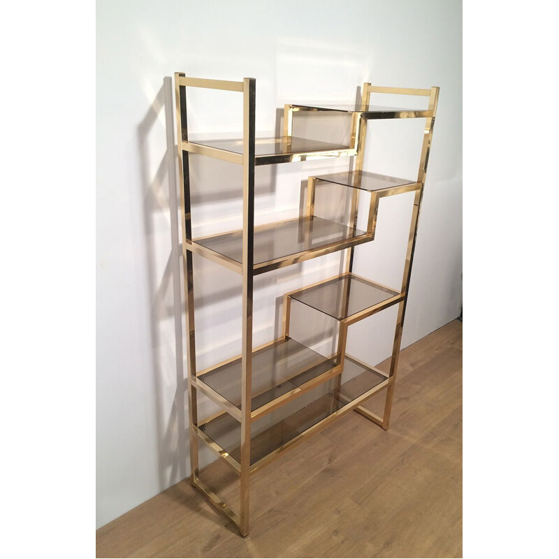 Vintage shelf in gilded chrome and glass, France 1970