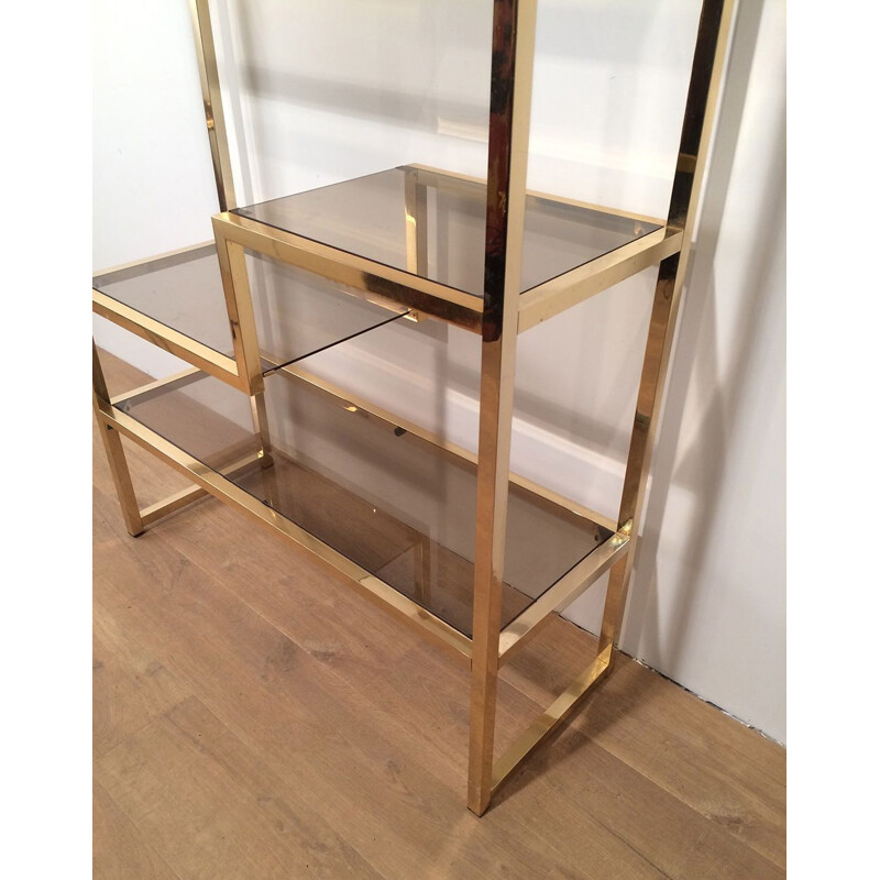 Vintage shelf in gilded chrome and glass, France 1970