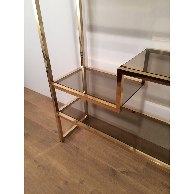 Vintage shelf in gilded chrome and glass, France 1970