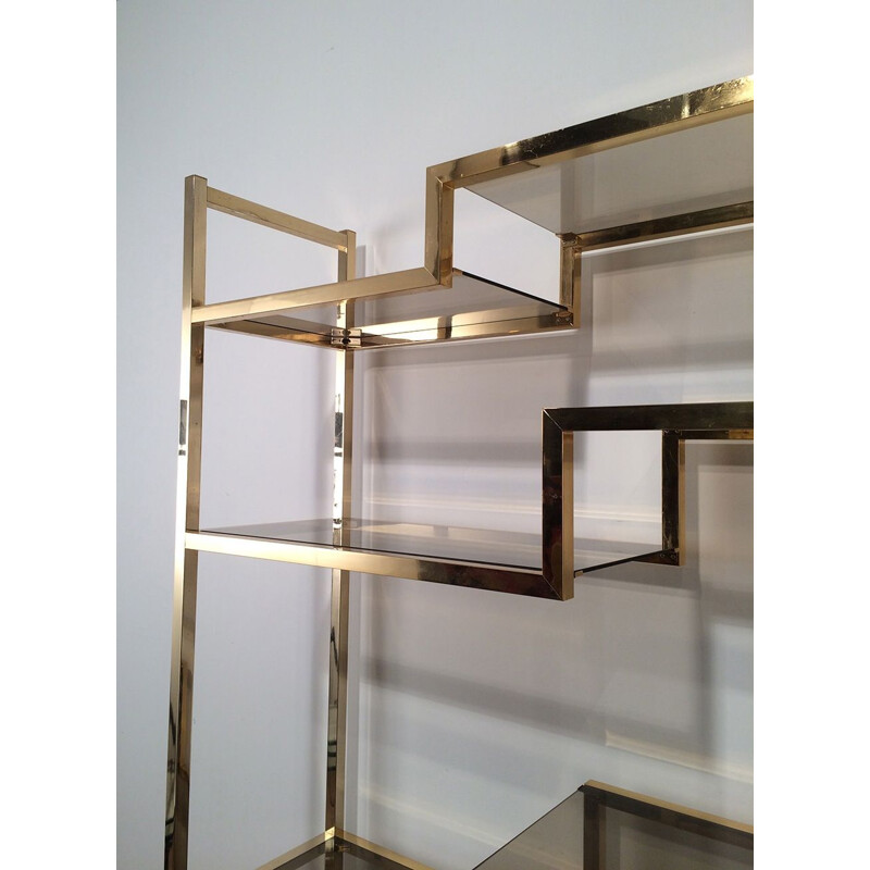 Vintage shelf in gilded chrome and glass, France 1970