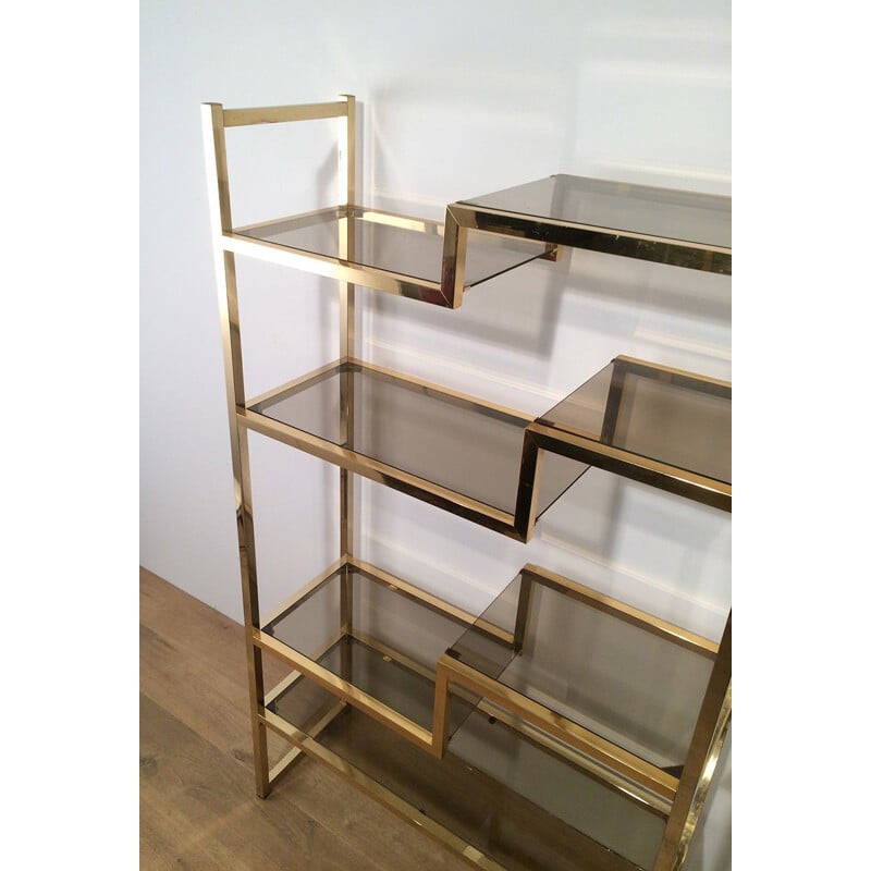 Vintage shelf in gilded chrome and glass, France 1970