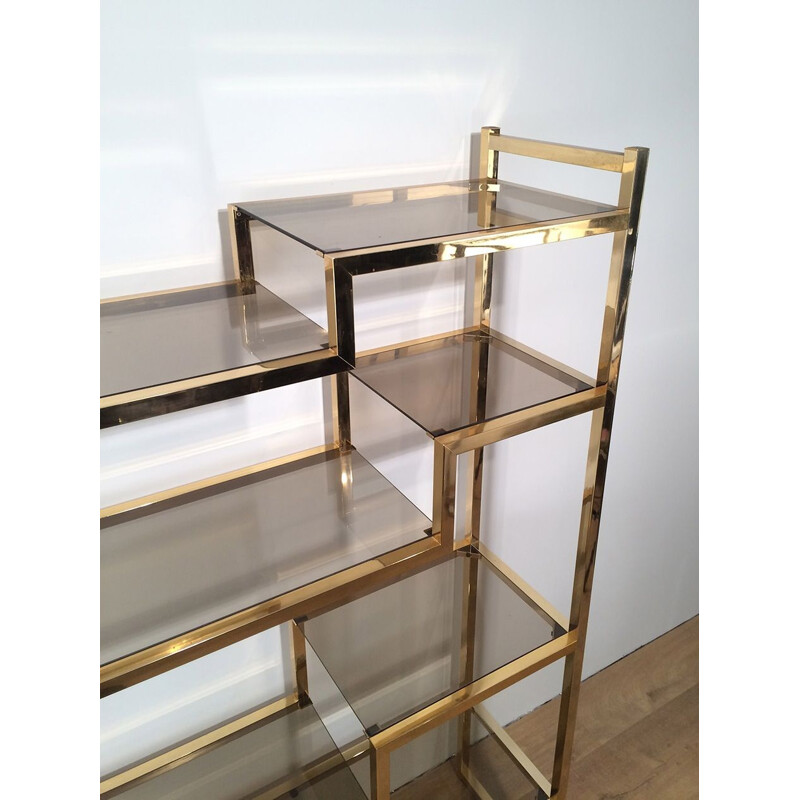 Vintage shelf in gilded chrome and glass, France 1970