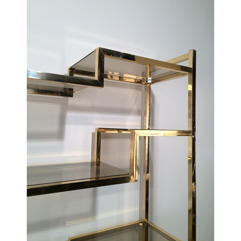 Vintage shelf in gilded chrome and glass, France 1970