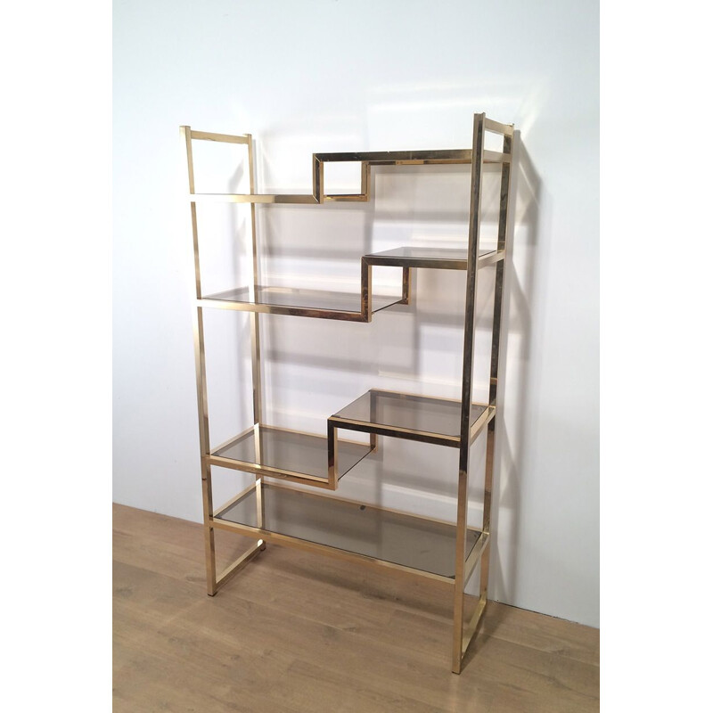 Vintage shelf in gilded chrome and glass, France 1970