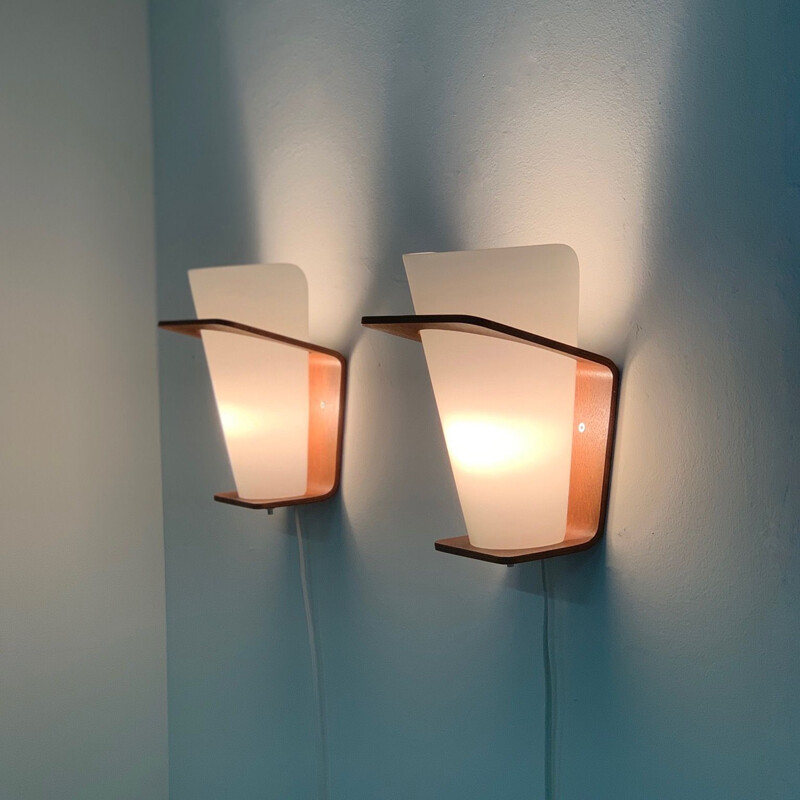 Pair of vintage wall lamps NX 41 for Philips in teak and glass 1960s