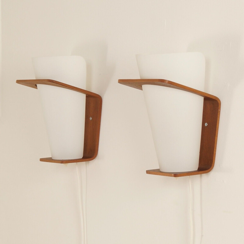 Pair of vintage wall lamps NX 41 for Philips in teak and glass 1960s