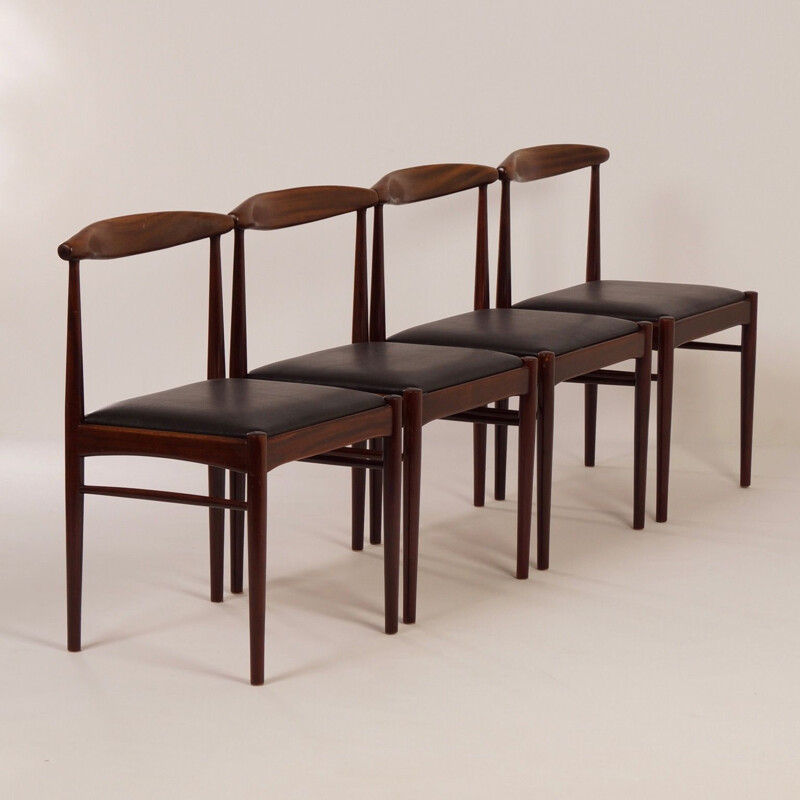 Set van 4 vintage teakhouten en zwart lederen stoelen, Holland 1960