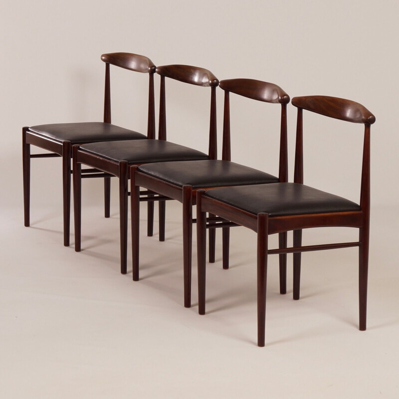 Lot de 4 chaises vintage en teck et simili cuir noir, Hollande 1960