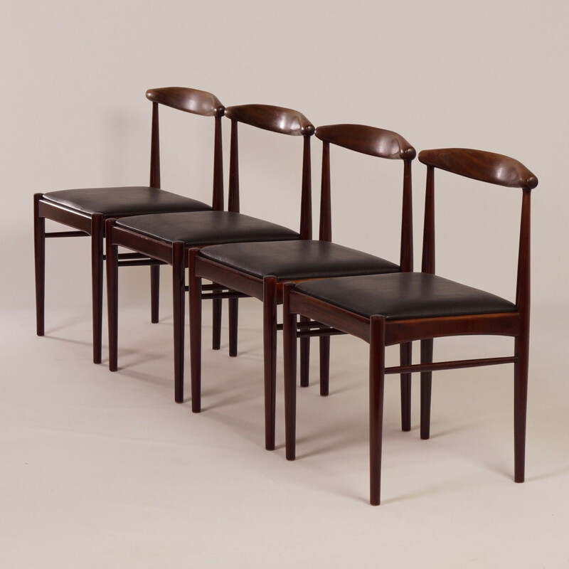 Lot de 4 chaises vintage en teck et simili cuir noir, Hollande 1960