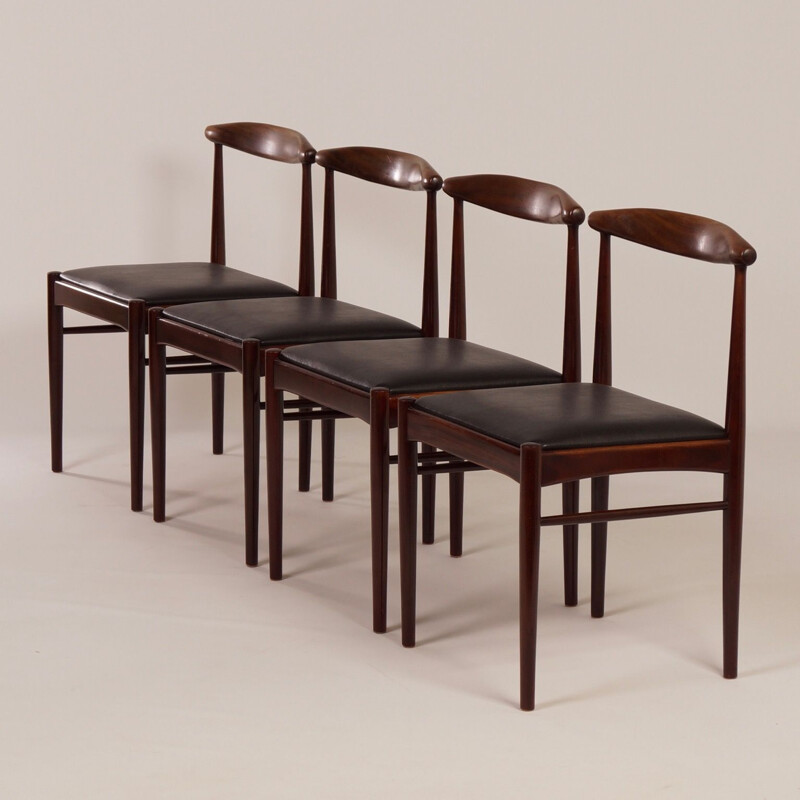 Set of 4 vintage teak and black leatherette chairs, Holland 1960