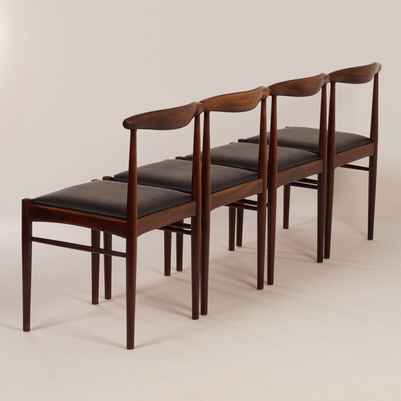 Lot de 4 chaises vintage en teck et simili cuir noir, Hollande 1960