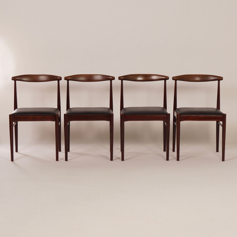 Set van 4 vintage teakhouten en zwart lederen stoelen, Holland 1960