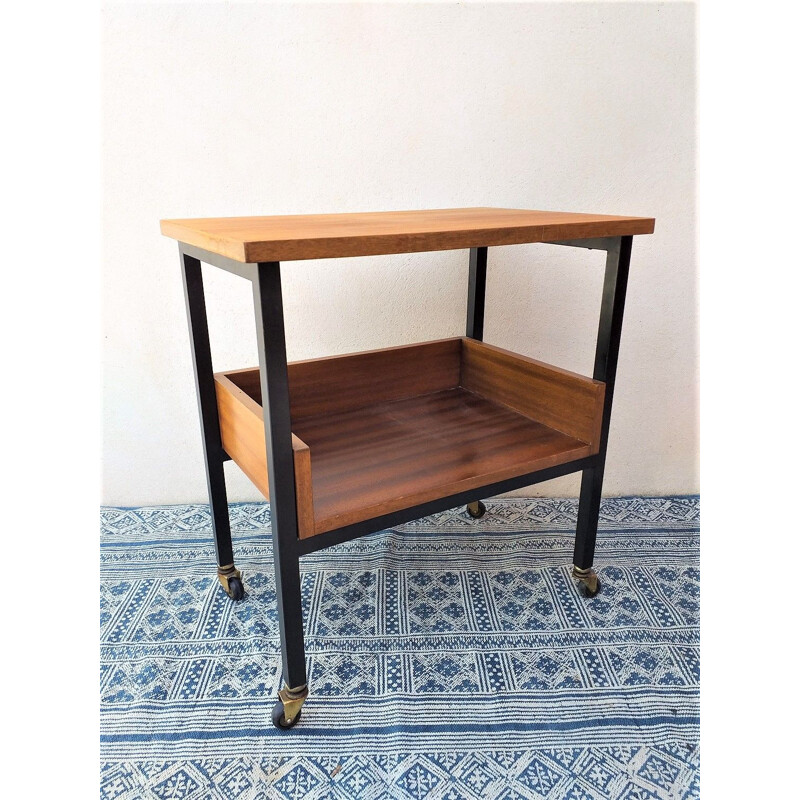Table d'appoint vintage française en bois et métal 1960
