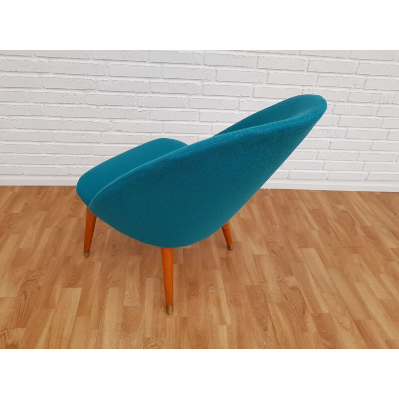 Vintage danish lounge chair in blue wool and beechwood 1970s