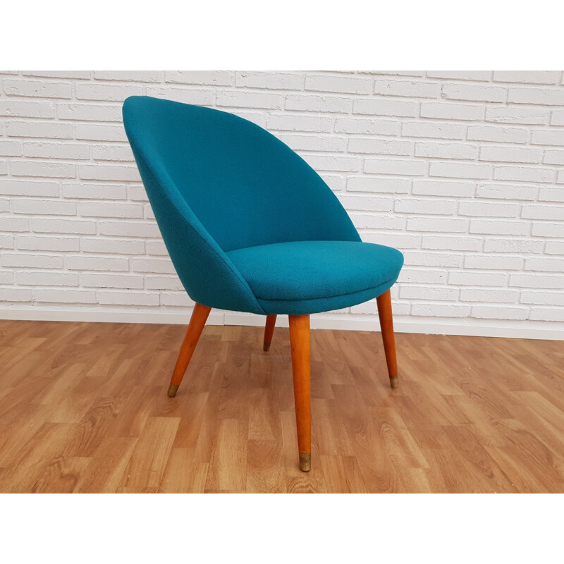 Vintage danish lounge chair in blue wool and beechwood 1970s