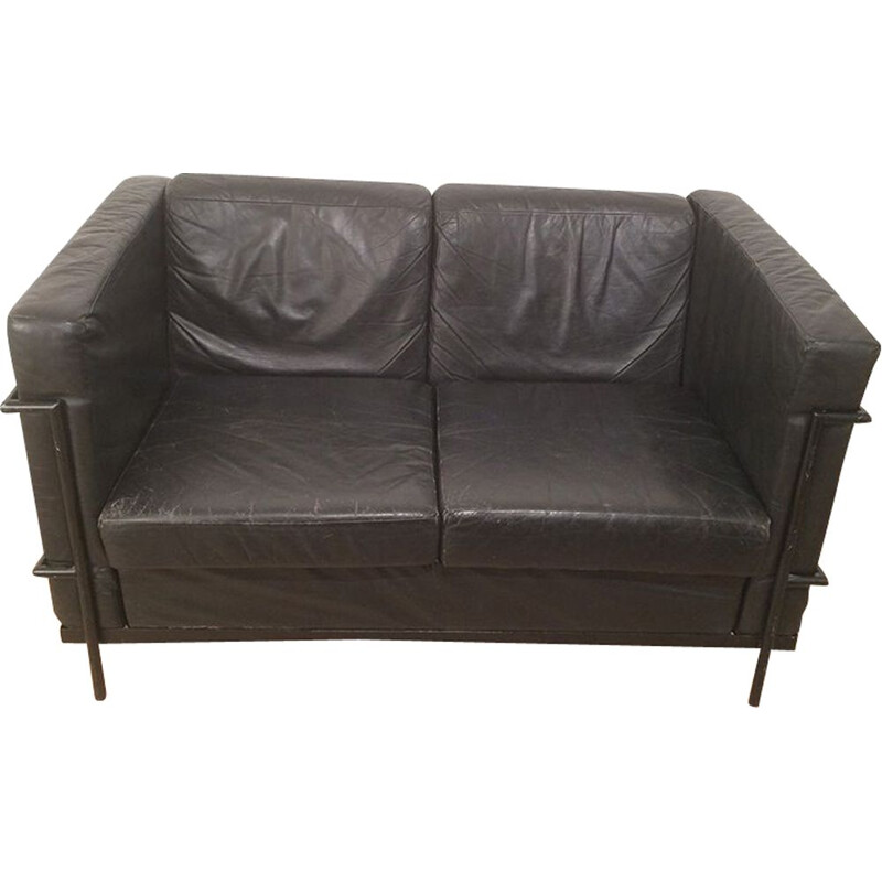 Vintage sofa in black leather and black lacquered metal