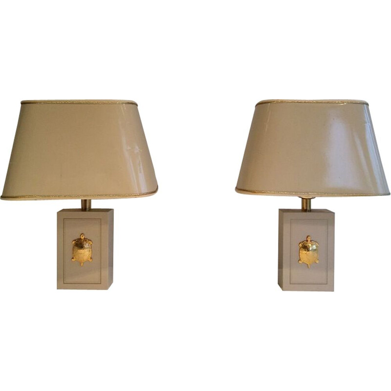 Pair of vintage lamps with golden turtles, 1970