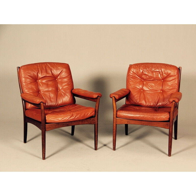 Pair of vintage armchairs for Göte Mobler Nässjo in leather and rosewood 1950