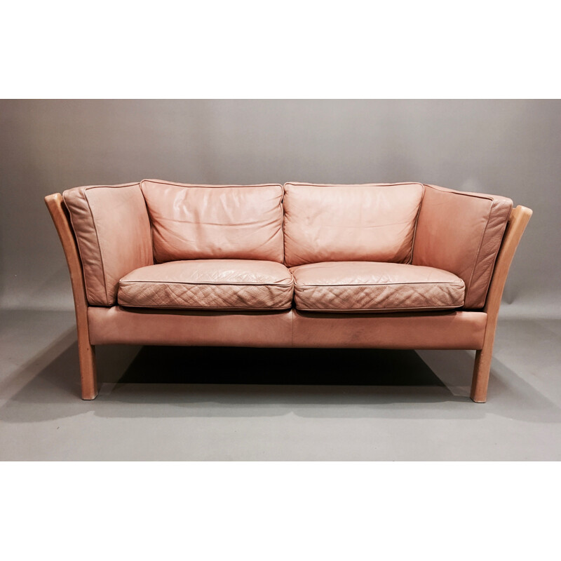 Scandinavian vintage sofa in beige leather and pine 1970