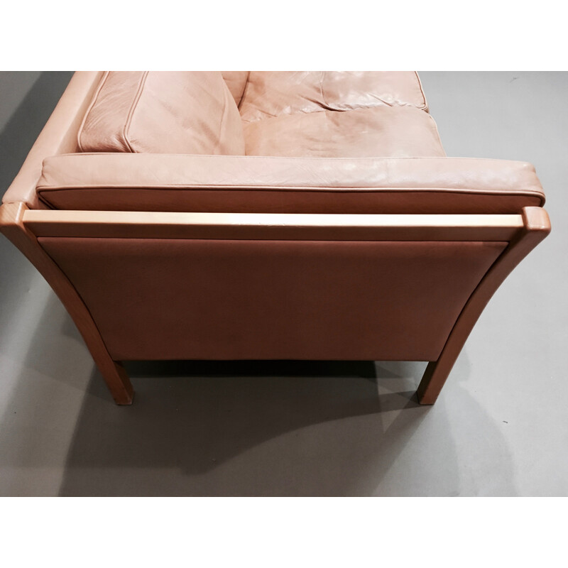 Scandinavian vintage sofa in beige leather and pine 1970