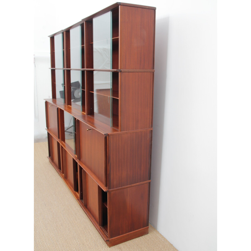 Vintage modular Oscar french bookcase for Rozaffy in mahogany 1950