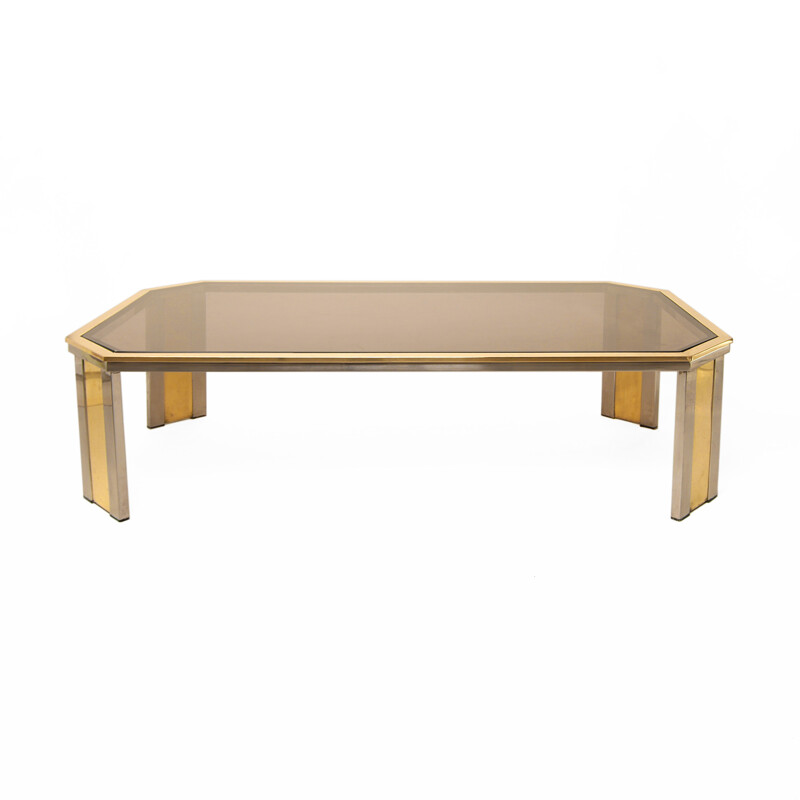 Vintage octagonal brass & chrome coffee table 1970