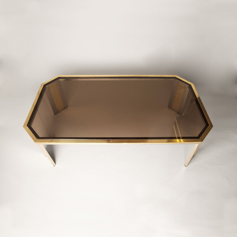 Vintage octagonal brass & chrome coffee table 1970