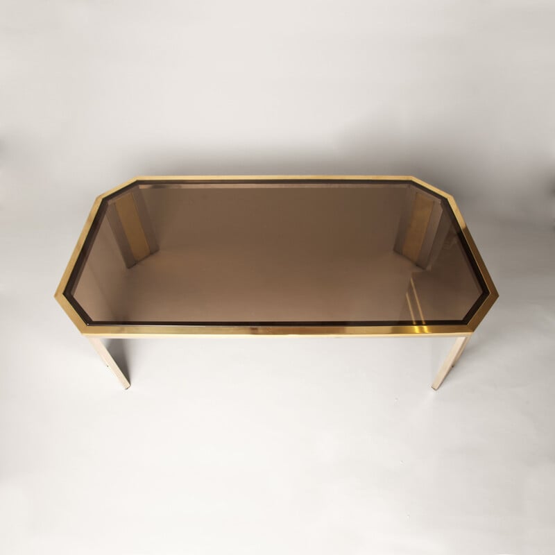 Vintage octagonal brass & chrome coffee table 1970