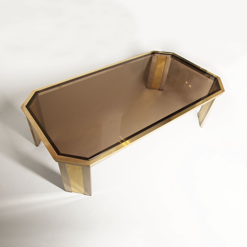 Vintage octagonal brass & chrome coffee table 1970