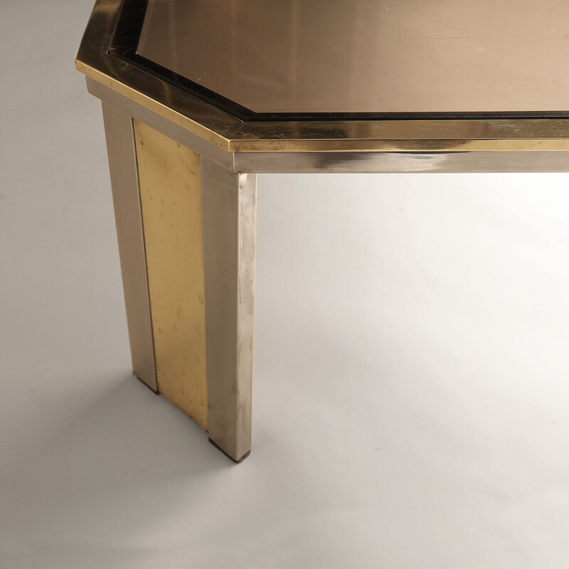 Vintage octagonal brass & chrome coffee table 1970