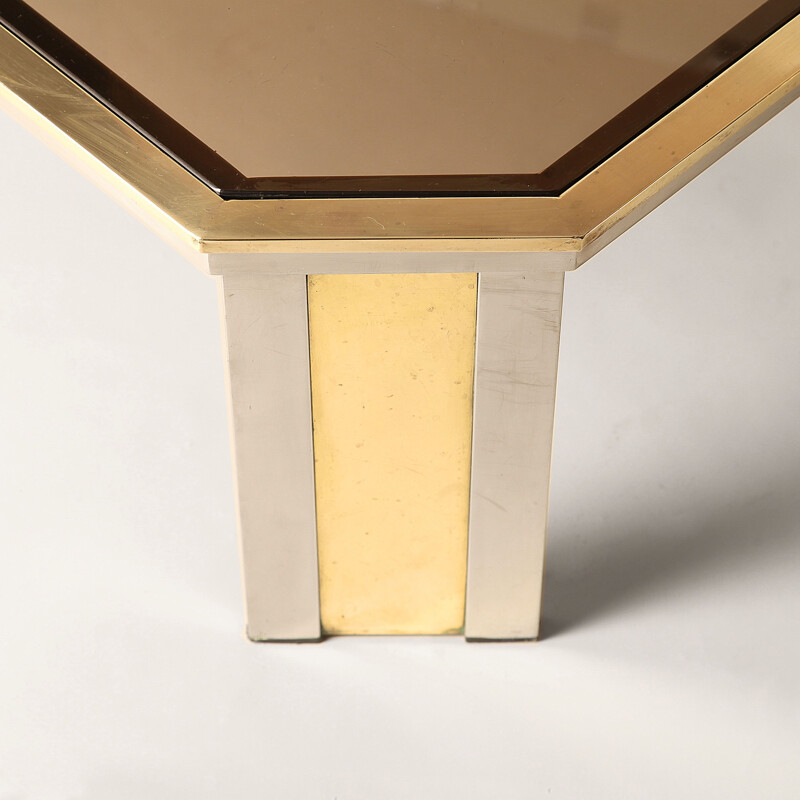 Table basse vintage octogonal chromée en laiton 1970