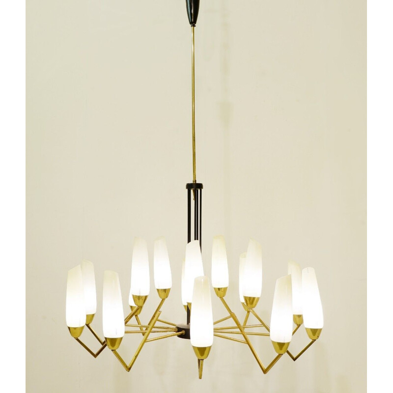 Vintage brass chandelier and opalin glass 1960 