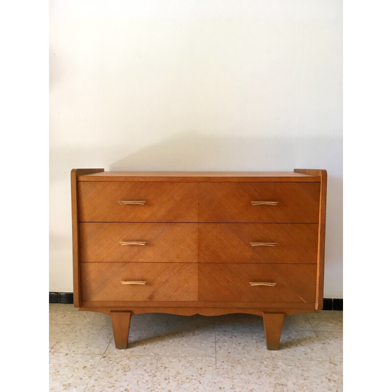 French vintage chest of drawers in oak and brass 1950