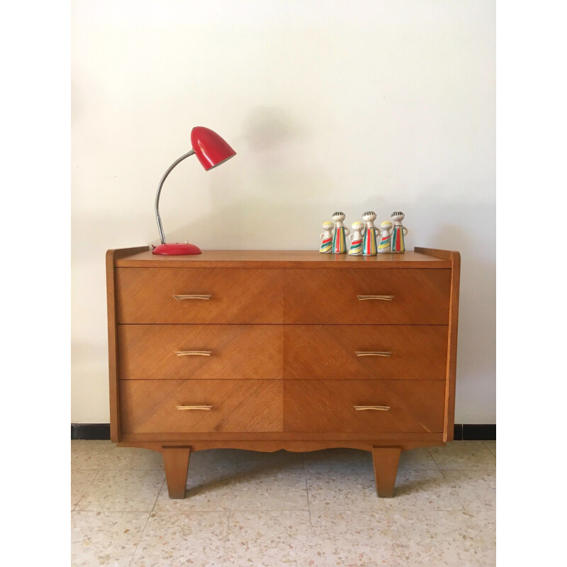 French vintage chest of drawers in oak and brass 1950