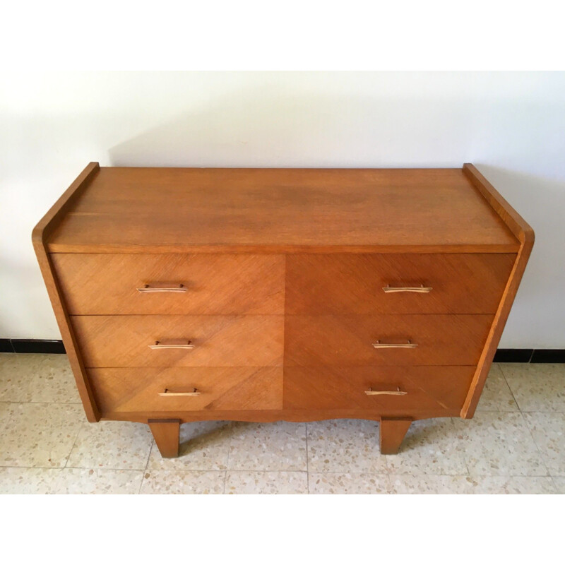 French vintage chest of drawers in oak and brass 1950