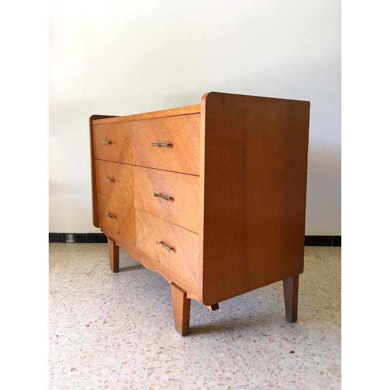 French vintage chest of drawers in oak and brass 1950