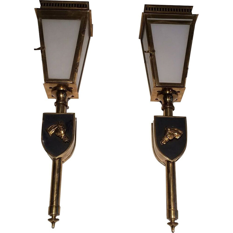 Pair of vintage brass and glass horse wall lamp, 1950