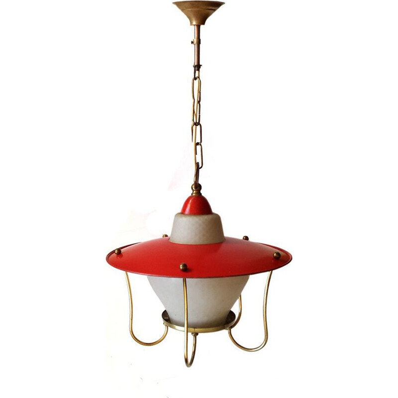 Vintage hanging lamp metal, glass & brass, France 1950s