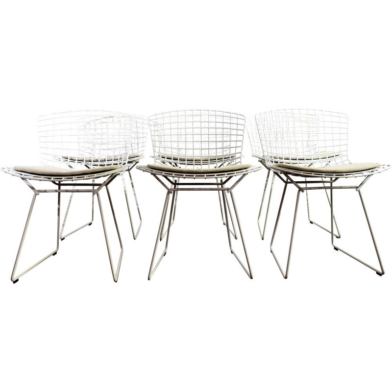 Set of 6 vintage side chairs by Harry Bertoia in metal and white fabric 1990