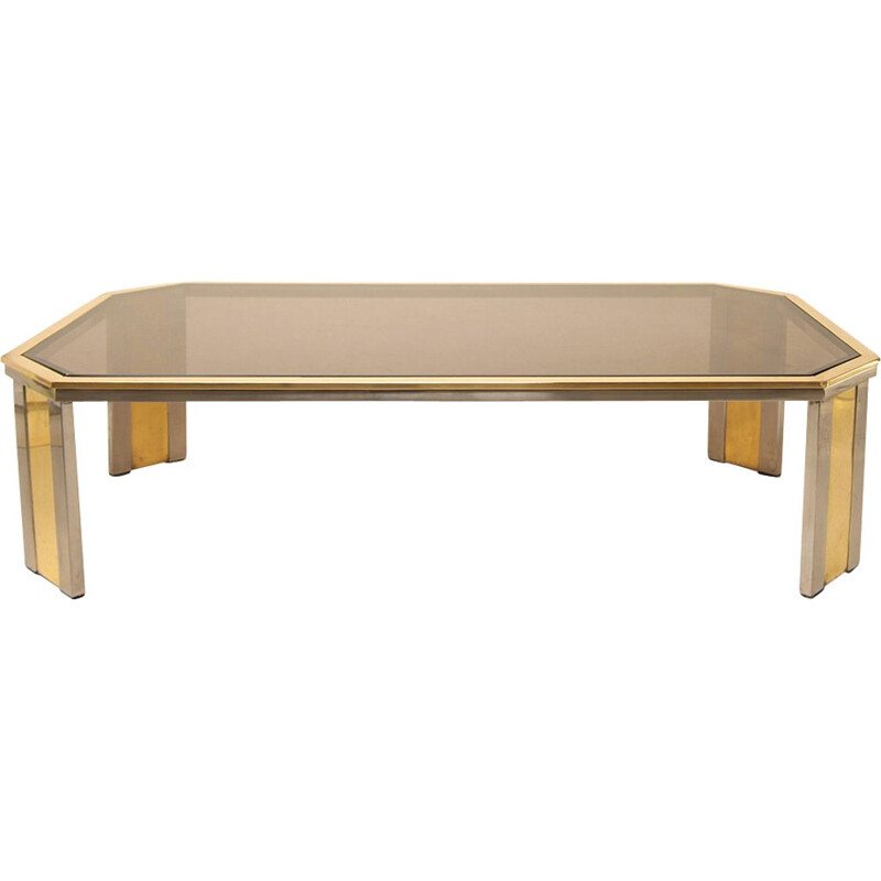 Vintage octagonal brass & chrome coffee table 1970